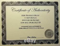 DISCOUNTED 2020 FRANKLIN $100 4 oz. 999 CURRENCY SILVER BAR + COA IMPERFECTION