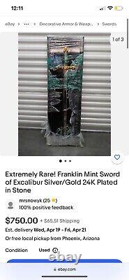 Extremely Rare! Franklin Mint Sword of Excalibur Silver/Gold 24K Plated in Stone