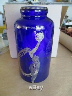 FIREFLIES Erte Vase, Franklin Mint, Blue Glass Silver Overlay, 1988, 10, GUC