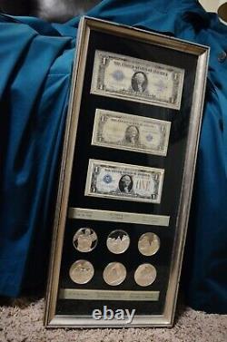 Framed 3 Silver Certificates & 6 Franklin Mint 925 Silver Rembrandt Art Medals