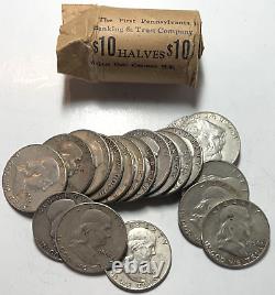 Franklin Half Dollar Roll Of 20 Full Dates $10 Face Value 90% Silver