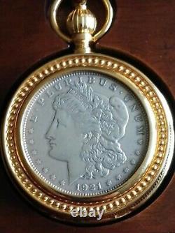 Franklin Mint 1921 Morgan Silver Pocket Watch w Glass & Cherry Wood Case