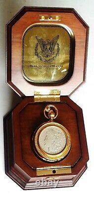 Franklin Mint 1921 Morgan Silver Pocket Watch w Glass & Cherry Wood Case