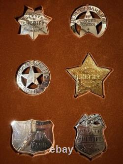 Franklin Mint 1987 Great Western Lawmen Sterling Silver 12 Badge Set Oak Case