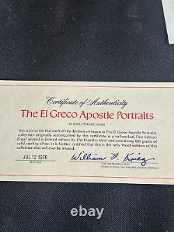 Franklin Mint 1st Ed. Proof El Greco Apostle Portraits Sterling Silver Bars 16oz