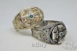 Franklin Mint Celtic Cross Genuine Emerald Mens Sterling Silver Pair Rings 17232