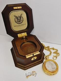 Franklin Mint Morgan Silver Dollar 1921 Pocket Watch with Case and Fob Works