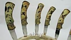Franklin Mint Set of 7 Hunting Knife Set with Antler Display Rack from 1990s