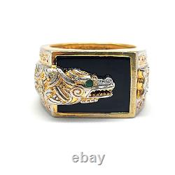 Franklin Mint Sterling Silver Gold Plated Dragon Ring Emerald Eye Onyx Size 12.5