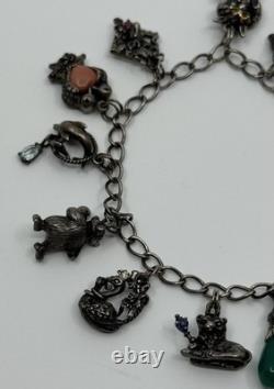 Franklin Mint Sterling Silver and Jeweled Animals Charm Bracelet Vintage VTG