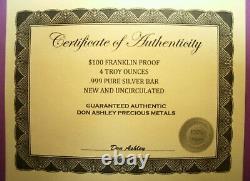 GIFT 1 -2023-4oz Silver Proof Ben Franklin $100 BILL BAR+AT HLDR+BLUE V CS+COA