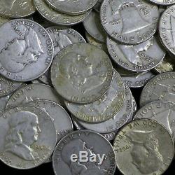 Lot Of (100) $50 Face Franklin Silver Half Dollars Average Circulated