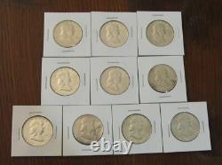 Lot of 10 1963 50c Franklin Silver Half Dollars