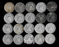 Roll (20) Franklin Half Dollars 90% Silver (worn/damaged/cull) Lot C63