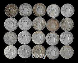Roll (20) Franklin Half Dollars 90% Silver (worn/damaged/cull) Lot C64