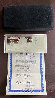 Silver Proof Franklin $100 Dollar 4-ounce Bar. 999 Fine In Box, COA
