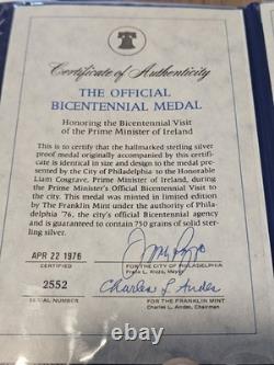 Sterling Silver Bicentennial Visit Medal Liam-Cosgrave of Ireland Franklin Mint