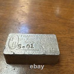 Vintage Franklin Bros Chico CA 5.01 oz. 999 Fine Silver Bar Poured Loaf Ingot