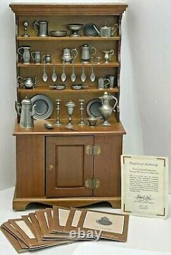 Vintage Franklin Mint Colonial American Pewter Miniatures & Hutch Cabinet