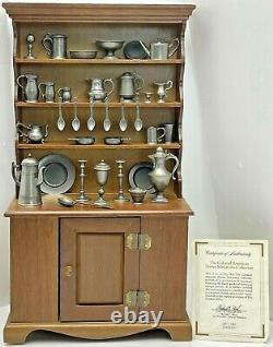 Vintage Franklin Mint Colonial American Pewter Miniatures & Hutch Cabinet