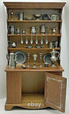 Vintage Franklin Mint Colonial American Pewter Miniatures & Hutch Cabinet