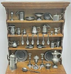 Vintage Franklin Mint Colonial American Pewter Miniatures & Hutch Cabinet