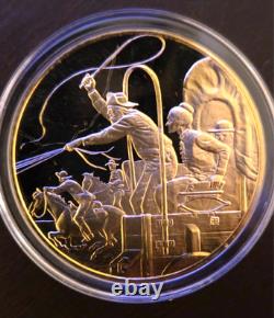 WILD WEST 24kgp on 1 oz. 925 Silver proof Wagon Train gorgeous rare collectible